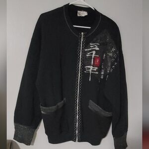 Black Zip-Up K.D. SPRINGS with Graphic Design OSFA FITS LIKE XL SWEATER Japanese